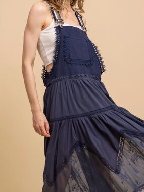 NWOT Bluevelvet Navy Lace-Trim Midi Pinafore Overall Dress